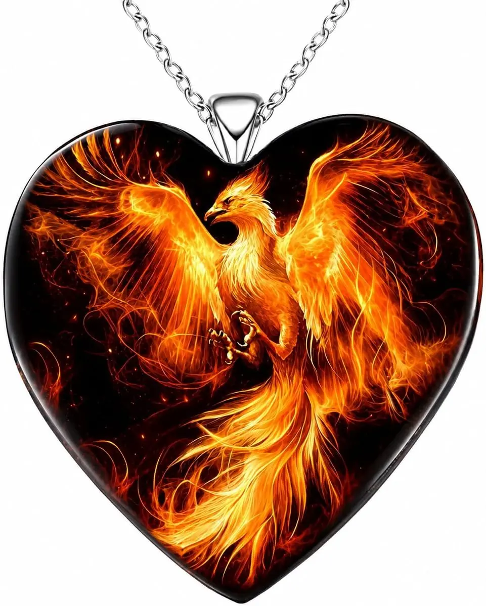 SUPAC Phoenix Heart Pendant Necklace - Glass, Stainless Steel, Phoenix Rising Chain Jewelry Necklaces, Ideal for Birthday, Christmas Gifting, Meaningful Gifts, Bold Look, Daily, No Warning Applicable, Birthday Gift Ideas, Unisex