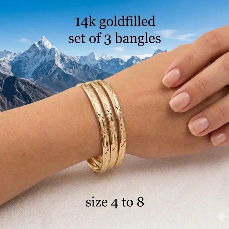 GOLDX55 14 Karat Gold Filled Stackable Bracelets Set - 3 Handcrafted 6.5mm Width Diamond Cut Bangles, Golden Tone, High Quality, Non-Tarnish Jewelry, Elegant Fashion Accessory, Golden Tone Bracelet