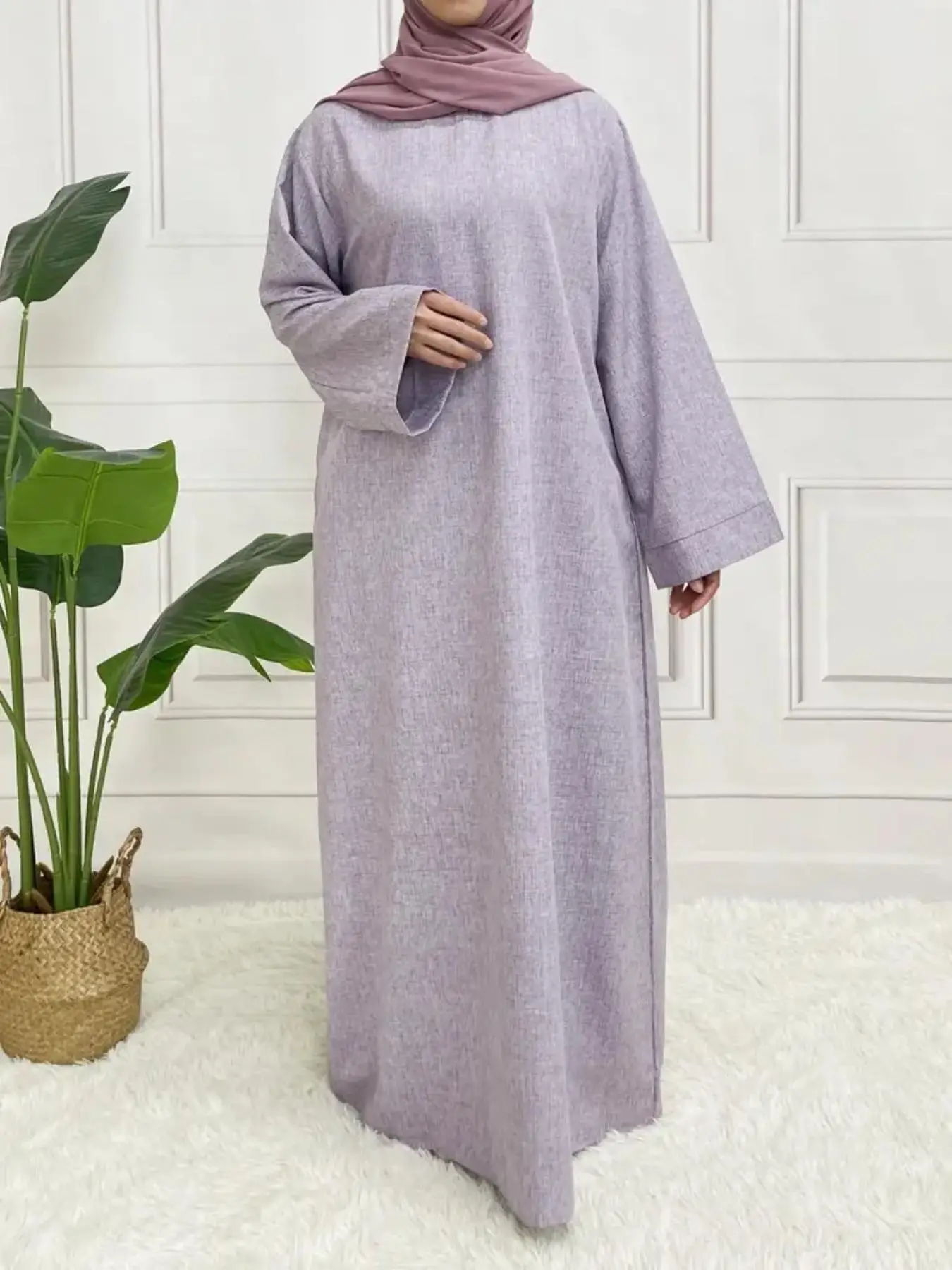 Women's Solid Belted Pocket Kaftan Dress, Casual Long Sleeve Round Neck Maxi Dress for Daily Wear, Ladies Islamic Clothing for All Seasons