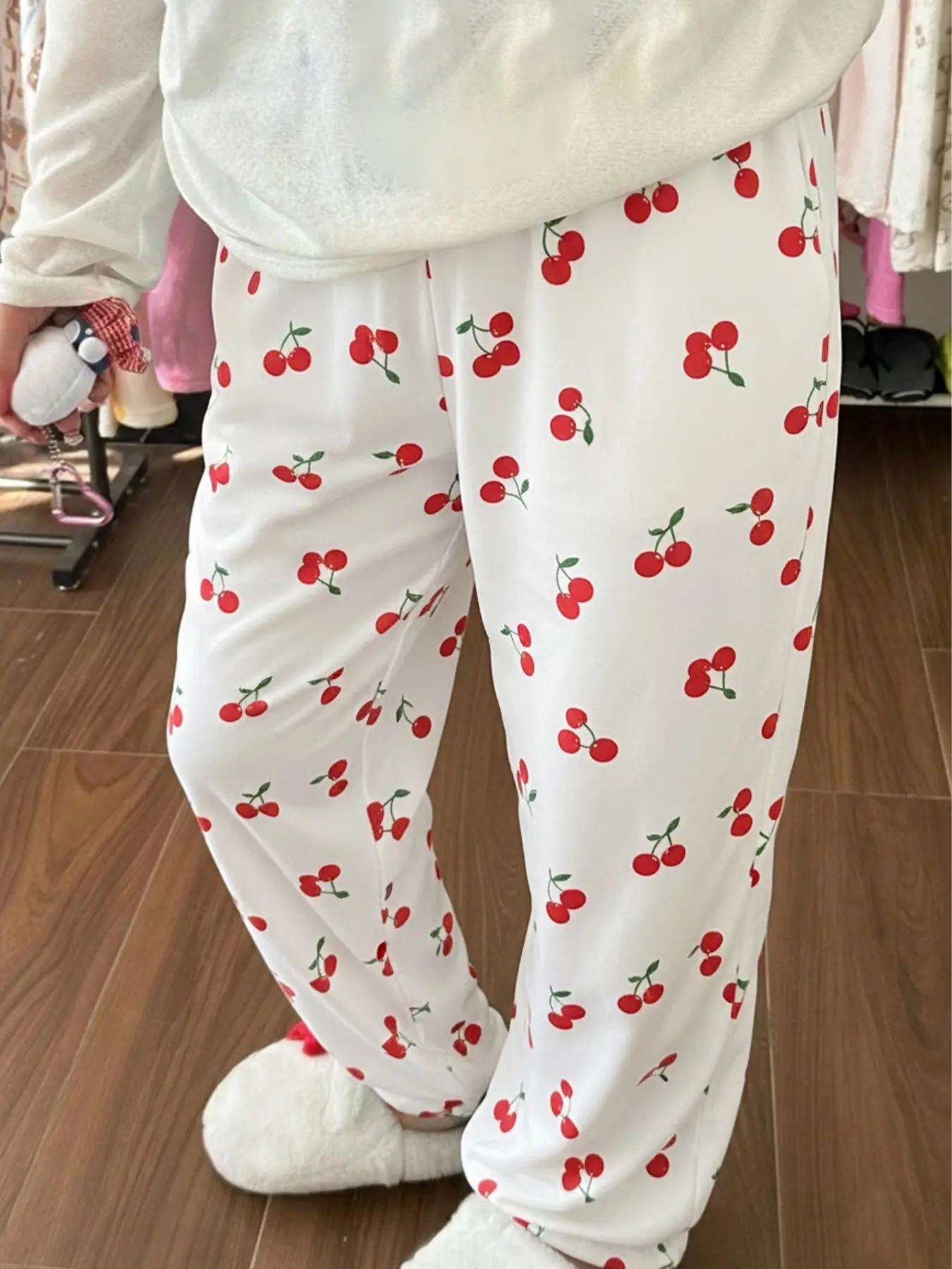 Women's Cherry Print Casual Long Pants, Natural Versatile Texture, Comfortable Everyday Wear, Outdoor Fashion, All Seasons
