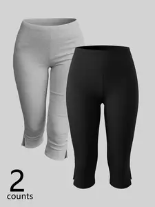 2-Pack Women's Capri Leggings, Solid Color Split Hem High-Waisted Super Stretchy Soft Athleisure Fitness Pants, Ideal for Yoga & Daily Casual Outfits, High Rise Leggings