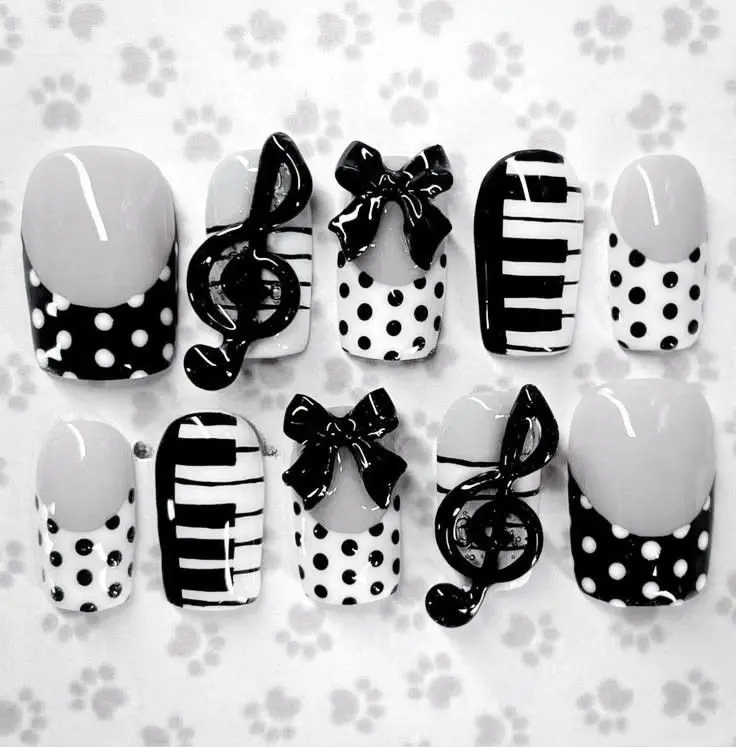 Black White Music Press On Nails | 3D Treble Clef Piano Keys & Bow Accents | Cute Kawaii Handmade Nail Art Set |FREE Adhesive Tabs  Nail File Cuticle Stick