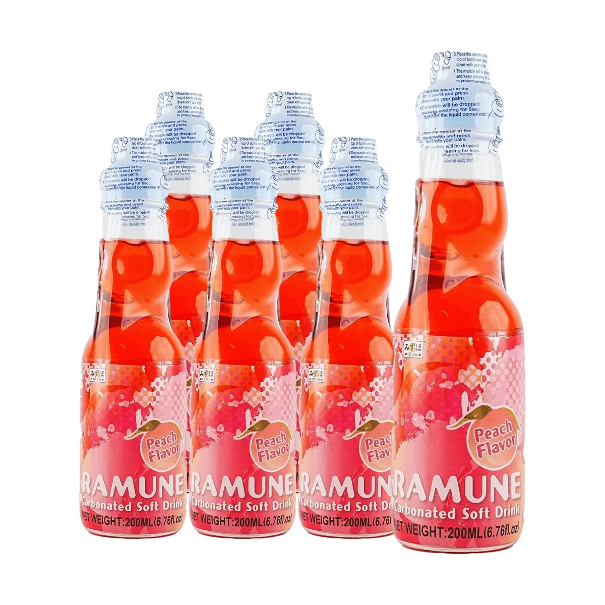 MIZUHO Japanese Peach Flavored Ramune Soda - 6 Pack (200ml Bottles) - Authentic Japanese Soda Drink