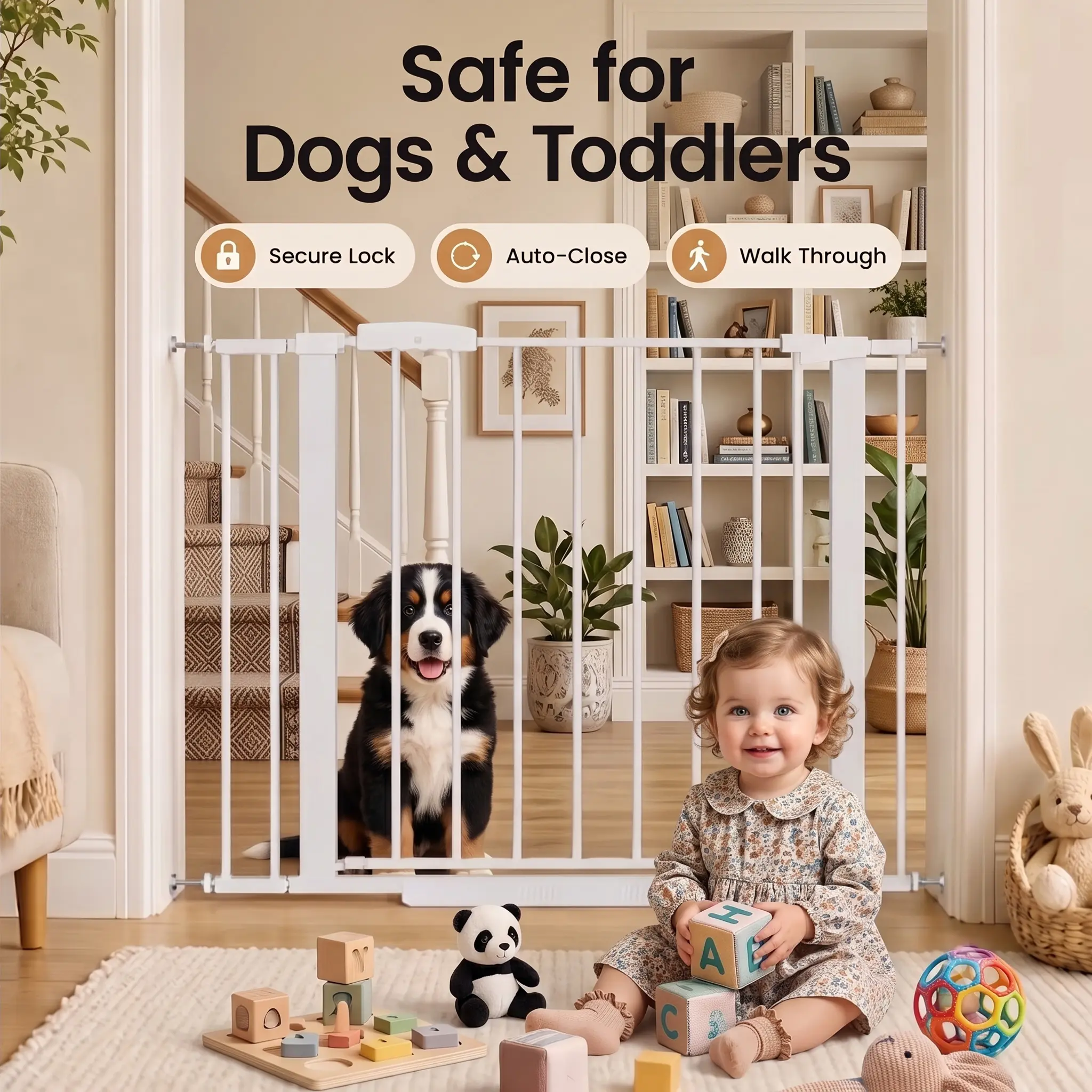 Sweetcrispy Outlet - Baby Gate for Stairs, Auto Close Dog Gate for Doorways White | Toddler Safety Essentials for the House,-Easy Install Pressure/Hardware Mounted Pet Gate for Dogs