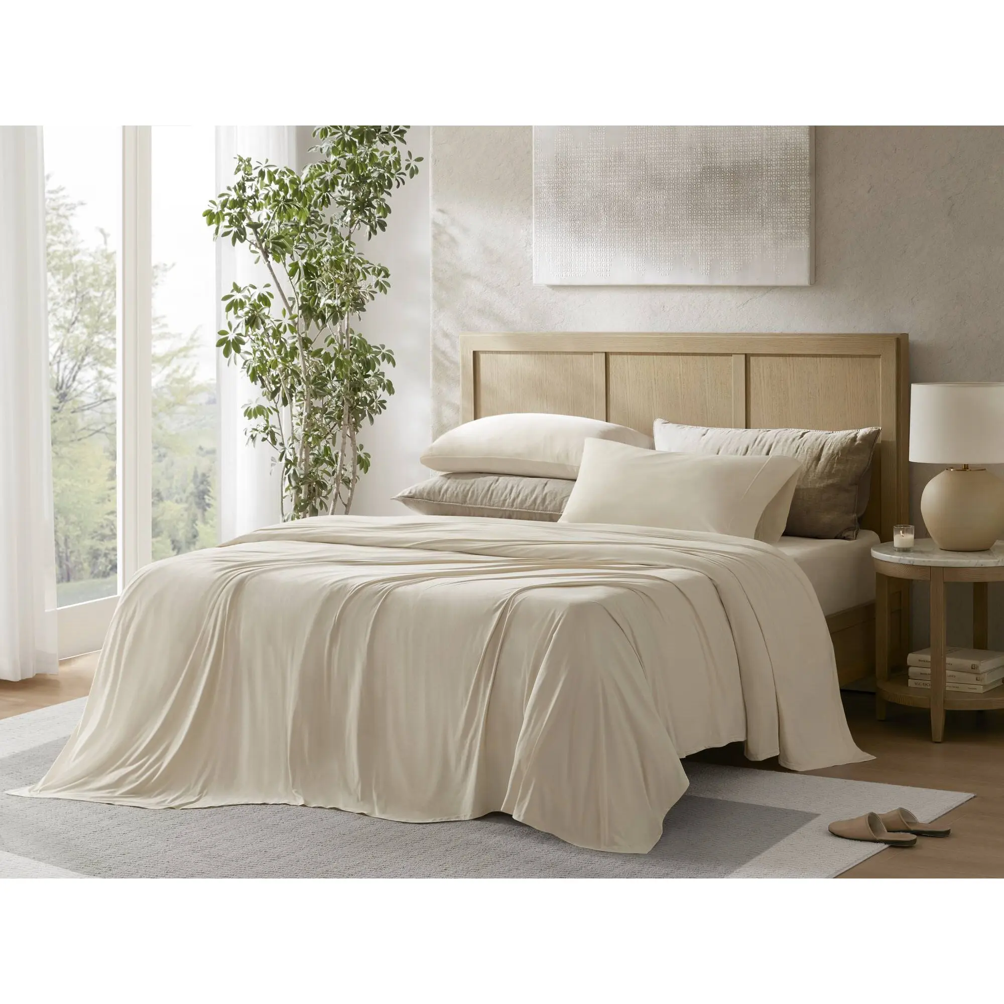 King Size 4-Piece Stretch Jersey Sheet Set in Ivory – Soft Cotton Blend, Wrinkle-Resistant, Breathable Bedding with Fitted Sheet, Flat Sheet, and Pillowcases