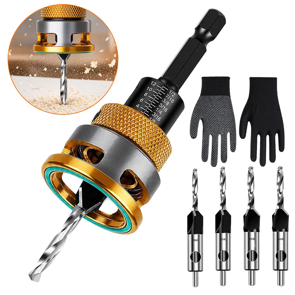 Adjustable Depth Stop Countersink Drill Bit Set, Hex Shank Wood Chamfer Drilling Tool with 4 Replaceable Drill Bits & Work Gloves for DIY Woodworking Hole Screw Counterboring Project