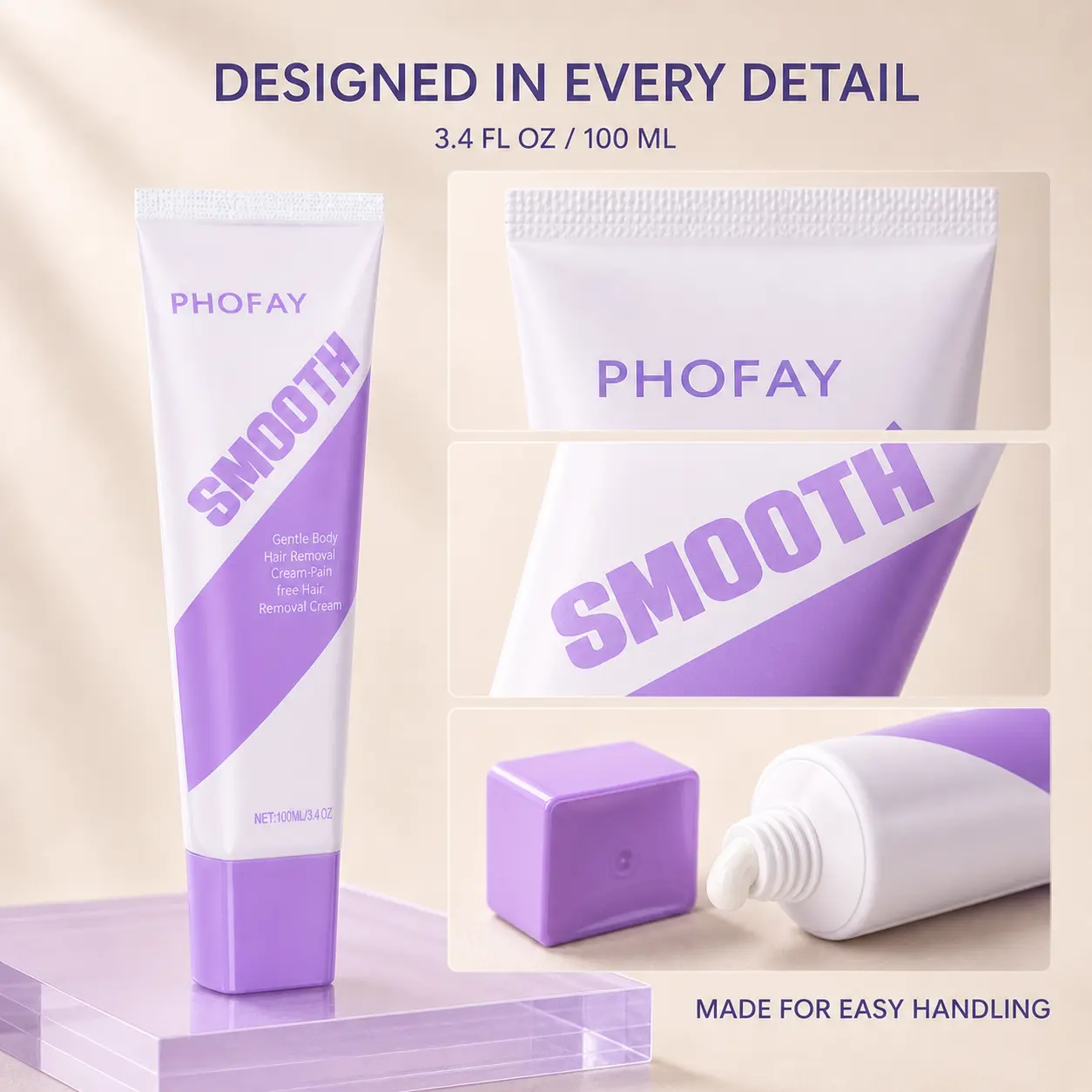 PHOFAY Hair remover cloud sense hair removal Smooth Gentle Body Hair Removal Cream, Depilatory Cream with Glycerin, Urea and Aloe Leaf Water for Soft-Feeling Skin, At-Home Body Hair Removal, 3.4 fl oz