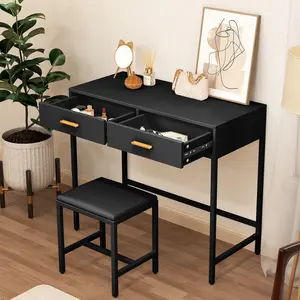 Small Vanity Desk for Girls with Padded Stool and 2 Drawers, No Mirror, Makeup Table with Gold Handles, Compact Black Desk for Bedroom & Small Spaces
