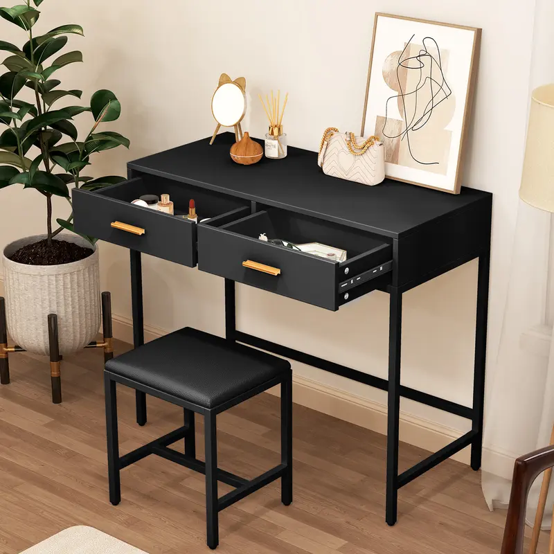 Small Vanity Desk for Girls with Padded Stool and 2 Drawers, No Mirror, Makeup Table with Gold Handles, Compact Black Desk for Bedroom & Small Spaces