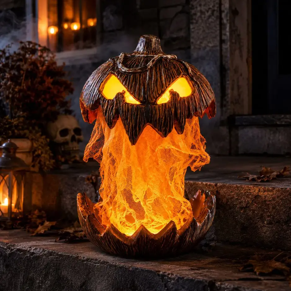 Spooky Floating Pumpkin Ghost Lamp, Halloween Horror Decor with Fiery LED Effect, Realistic Carved Lantern Sculpture, Creepy Haunted House Prop, Perfect Indoor/Outdoor Atmosphere Lighting for Parties, Unique Holiday Gift for Horror Lovers