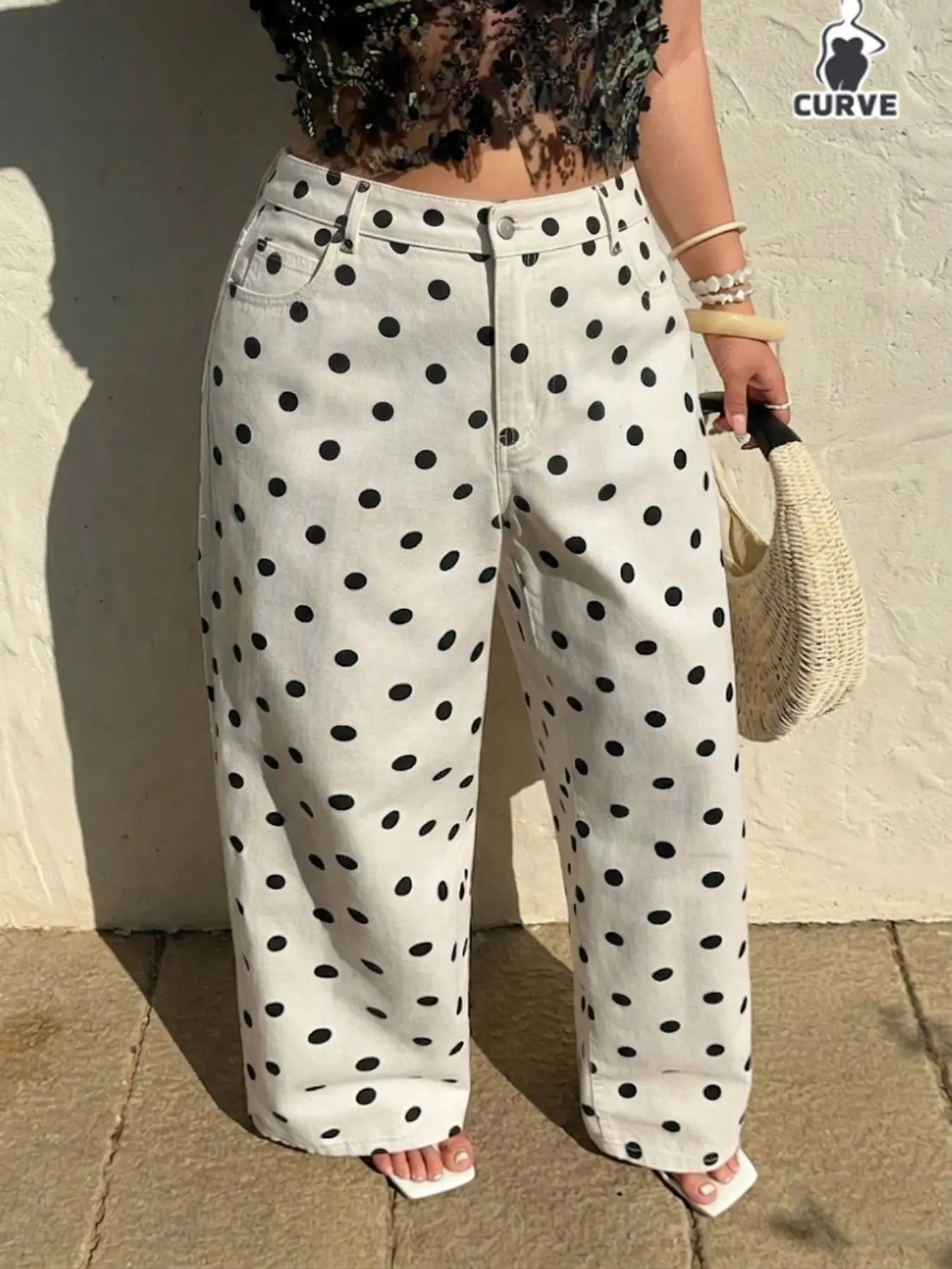 Women's Plus Size Non-Elastic Straight Leg Fit Casual Fashion Chic Polka Dot Jeans Bottom with Pockets, Four Seasons Versatile Long Pants, Stylish and Comfortable