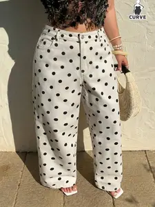 Women's Plus Size Non-Elastic Straight Leg Fashion Polka Dot Jeans, Four Seasons Versatile Long Pants, Stylish and Comfortable