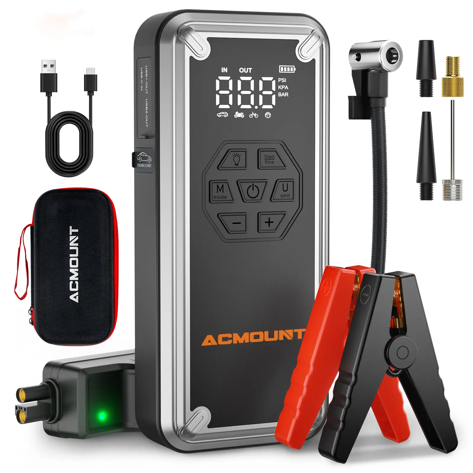 【 CAR LIFESAVER! 】ACMOUNT 4-in-1 3000A Jump Starter & Air Compressor, 150PSI Tire Inflator + Power Bank + LED Light + LCD Display for 10.0L Gas/8.0L