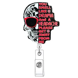 Skeleton & Slogan Retractable Badge Reel, 1 Count Acrylic ID Holder with Clip for Nurse, Doctor, Student & Office Staff, Identification Badges & Supplies, Badge Decoration, Halloween