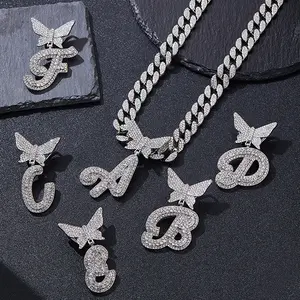 Fashionable & Elegant Hip Hop Initial A-Z Butterfly Pendant Necklace, Iced Out Rhinestone Chain Necklace, Women Jewelry Gift
