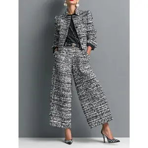 2025 Cross-Border European and American New Style Turn-Down Collar Slim Fit Women's Fashion European and American Style Long Sleeve Short Jacket with Wide-Leg Pants Set
