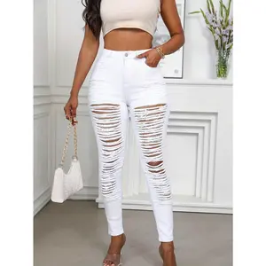 Women Sexyshine Women's High Waisted Skinny Destroyed Ripped Hole Denim Pants Long Stretch Pencil Jeans for Women Womenswear