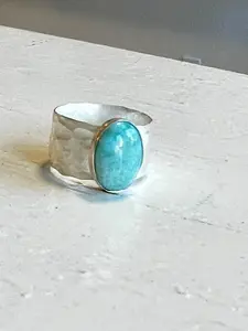 Thick Hammered .925 Sterling Silver Band with Larimar Gemstone