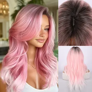 SMILCO/24Inch Ombre Pink Ash Brown Long Curly With Bangs Synthetic Wig/SM417-2