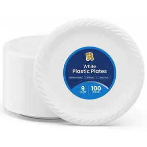 100 Pack 9 Inch Plastic Plates Disposable - Heavy Duty 9 Inch White Disposable Plates - Microwavable Disposable Plastic Plates