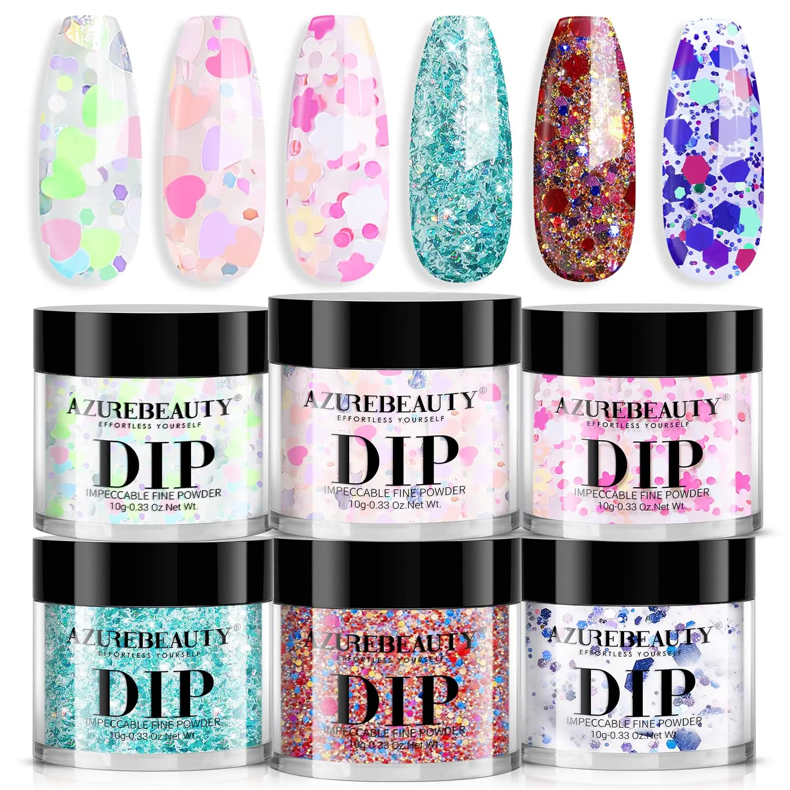 AZUREBEAUTY Dip Powder Cosmetic Kit, 6 Pink & Aqua Glitter Colors - No Lamp Needed Dipping System for an At-Home Manicure, Nail Polish, Manicure At Home, Unisex, Manicures