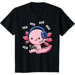 100%cotton Axolotl Gaming Kids Boys Girls Anime Video Game Pew Gamer T-Shirt Cartoon Print Tee Graphic Print Tee