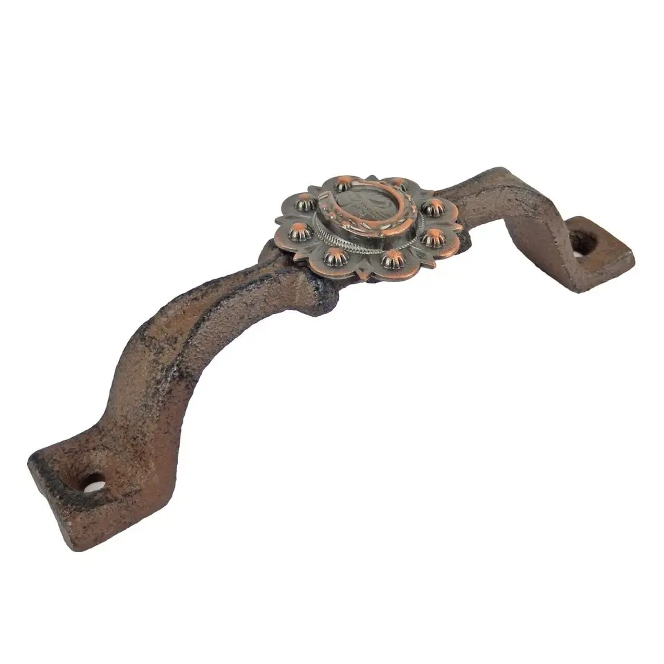 Rustic Cast Iron Horseshoe Door Handle Drawer Pull Floral Copper Concho 6 inch