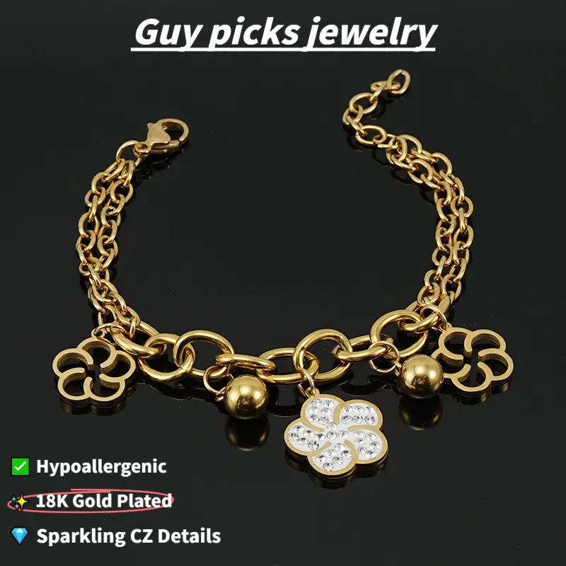 Women's 18K Gold Plated Stainless Steel Cuban Link Clover Bracelet - Adjustable Chain, Sparkling CZ & Ball Accents, Hypoallergenic Female Bangle for Birthday, Gold Aesthetic, Layering Compatibility, Decorative Metal Design