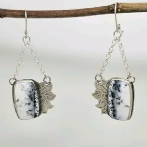 Jen's Jewels Dendritic Opal sterling silver Lotus earrings, black and white stone earrings, fashion earrings