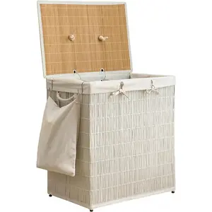 Laundry Hamper with Lid, 39.6 Gallon(150L) Large Laundry Basket 2 Removable Liner Bags, Synthetic Rattan Clothes Hamper with Side, laundry organization for, laundry room, White