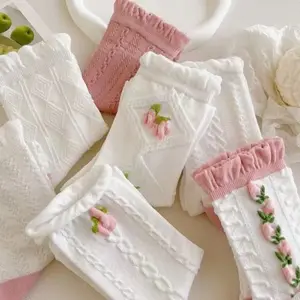 5 Pairs Women's Lace Ruffles Ankle Casual Sock Cottagecore Breathable Mid Tube Socks Floral Crew Socks (White) - Home Improvement. Flower Cotton Womenswear Birthday