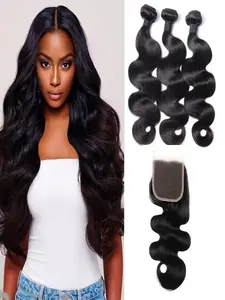 Body Wave Bundles with Closure Human Hair  Brazilian Human Hair 3 Bundle with 4x4 HD Lace Closure Free Part 10A Grade  Unprocessed  Hair Body Wave Bundles Natural Color