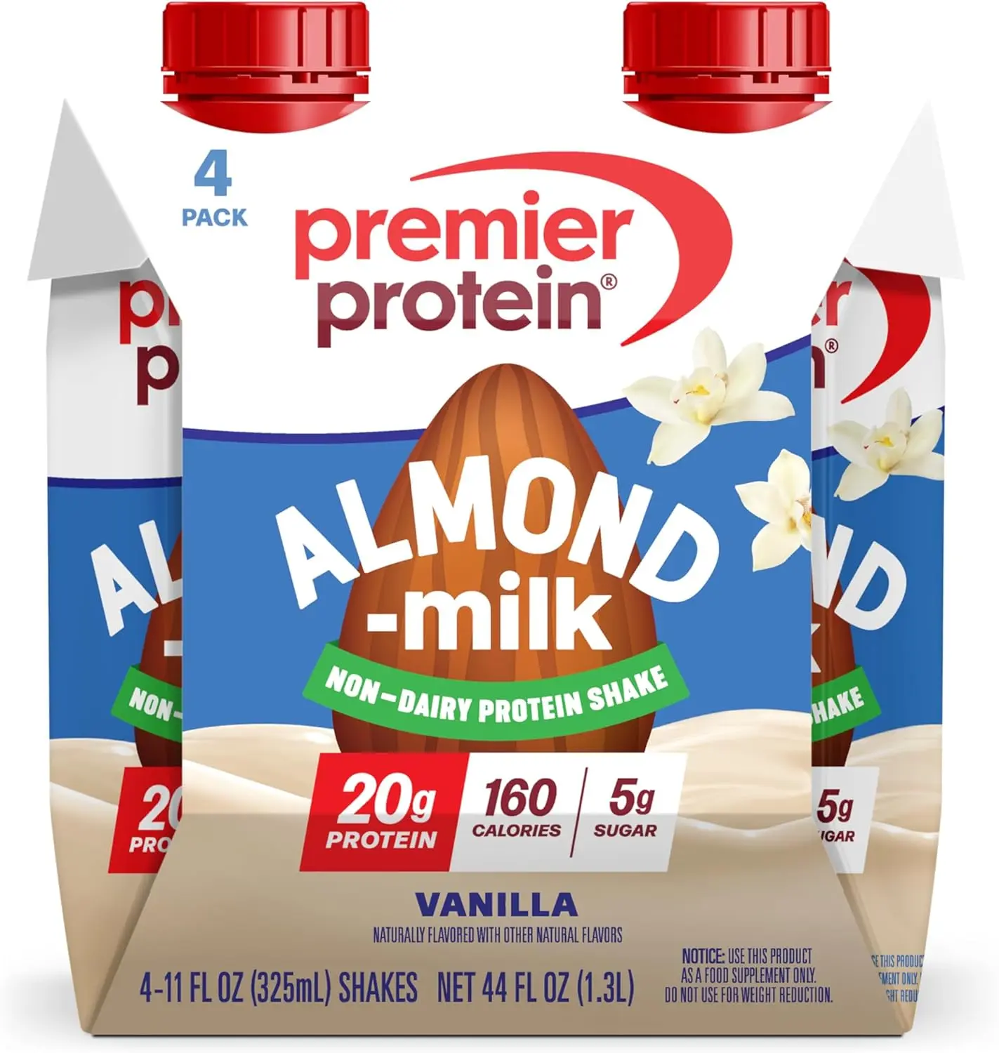 Premier Protein Non-Dairy Plant Based Almondmilk Protein Shake, Vanilla, 20g Protein, 5g Sugar, 11 fl oz, 4 Pack