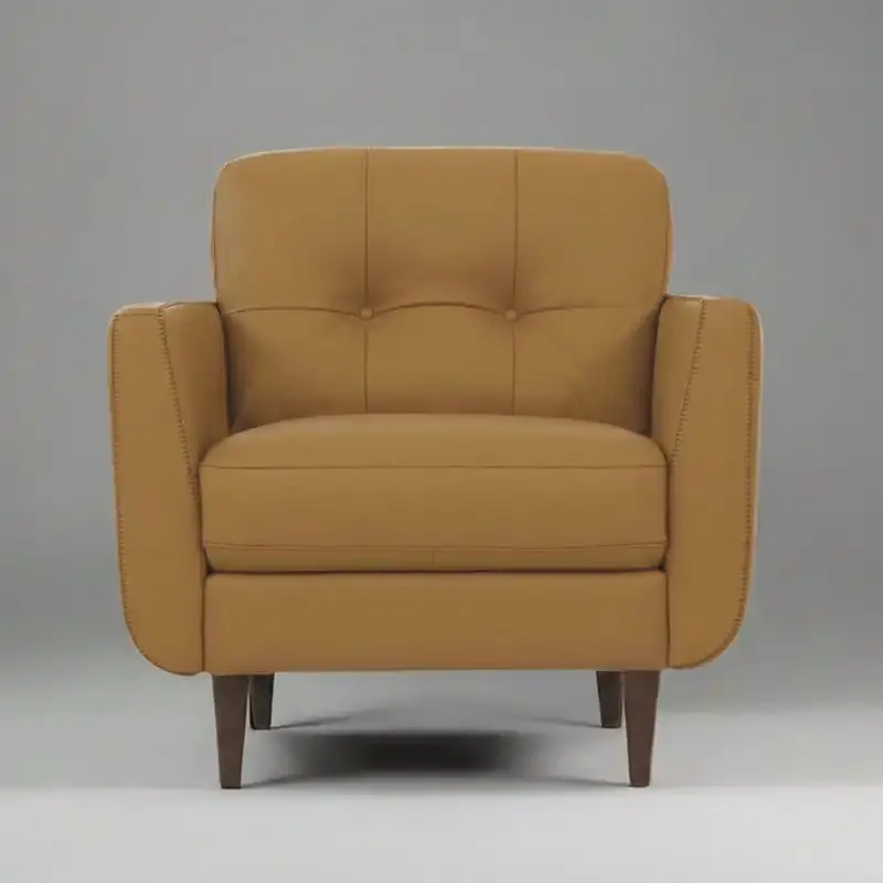 The Milano Camel Italian Leather Chair with Button Tufted Back Flared Armrests & Dark Walnut Tapered Legs Made in Italy Elegant Comfortable Webbing Seat Wooden Inner Frame