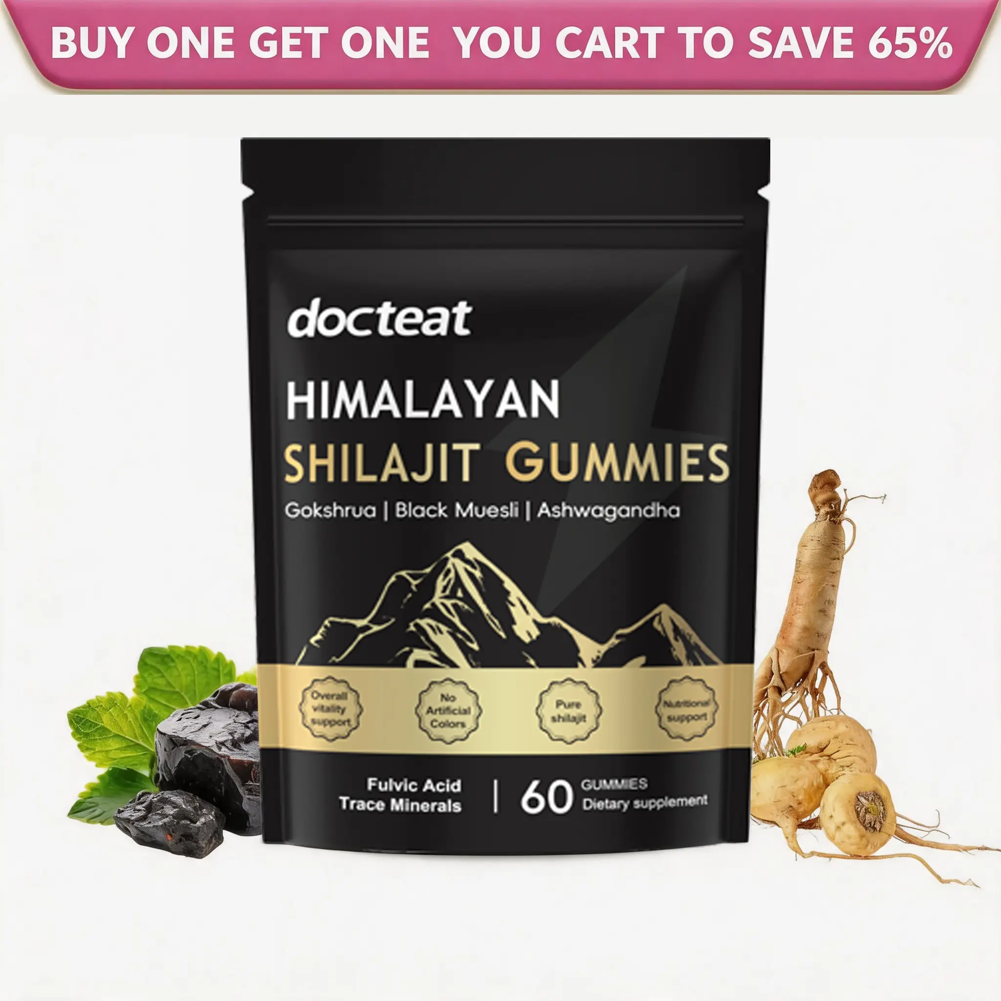 【GRAB 3 NOW】Himalayan Shilajit Chewable Gummies with Ashwagandha, Gokshura, Black Ginger - Natural Energy Supplement for Men’s Physical Energy, Vitality - 60 Count Great-Tasting Botanical Daily Nutrition Support