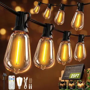Solar String Lights Outdoor Waterproof with Remote & Timer, LED Shatterproof ST38 Bulbs, USB & Solar Powered Patio Lights for Backyard, Porch, Garden, Wedding, Christmas Decor (25FT)