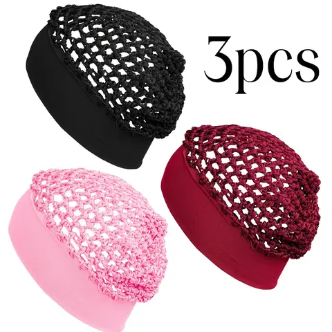 3-Piece Set Mesh Crochet Hair Snoods with Elastic Band, Knit Hairnet for Sleeping and Hair Preservation, Stylish and Comfortable, Black, Pink & Burgundy