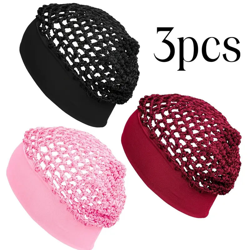 3-Piece Set Mesh Crochet Hair Snoods with Elastic Band, Knit Hairnet for Sleeping and Hair Preservation, Stylish and Comfortable, Black, Pink & Burgundy