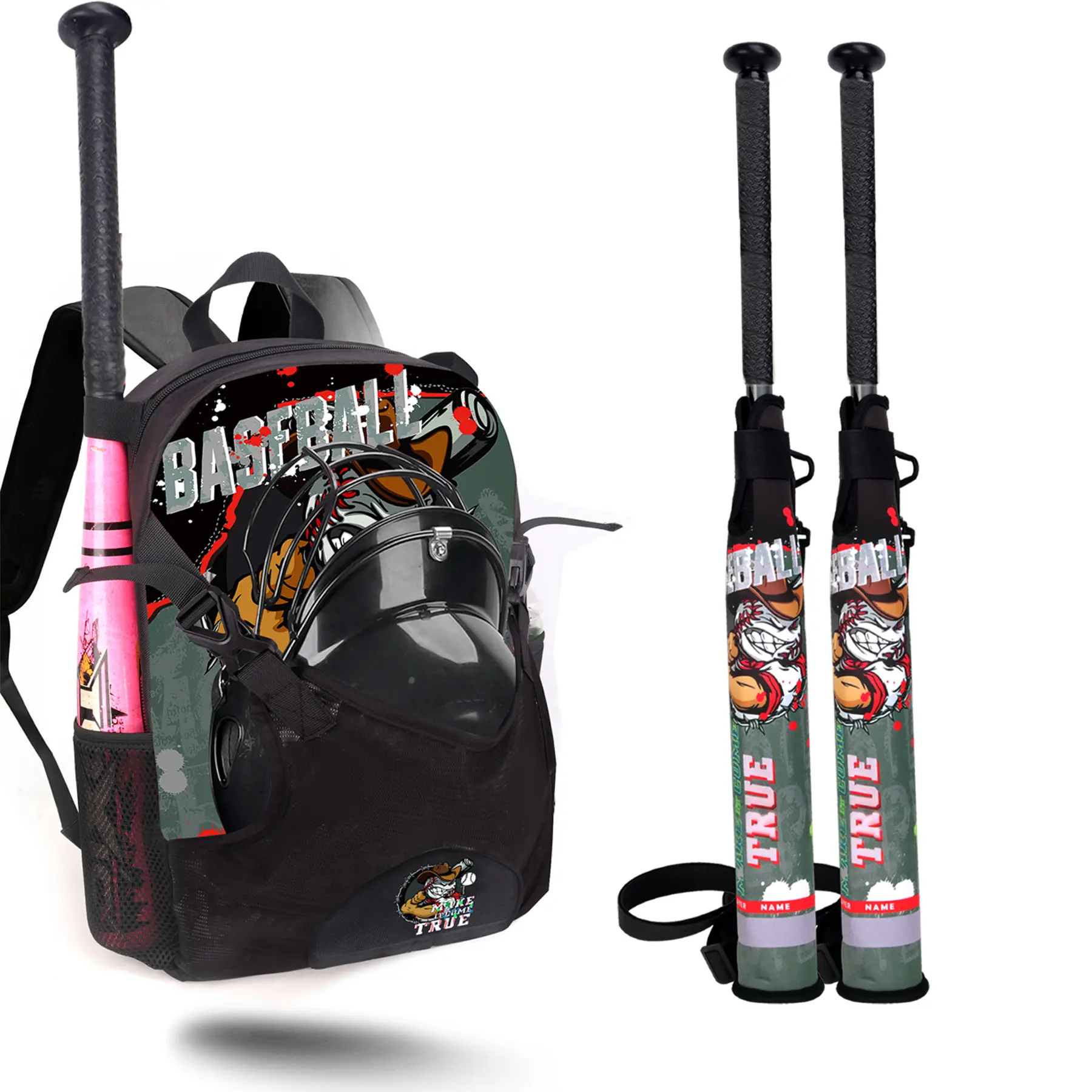 Baseball Backpack with 2pcs Matching Bat Sleeves, Large Youth Softball Equipment Bagwith Helmet Holder, Durable Cartoon Print Sports Gear Bag for Youth Teen Adult, T-Ball Baseball Accessories Sets