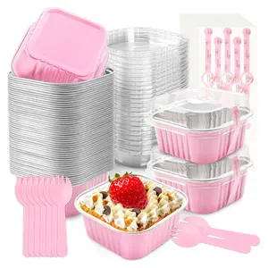 50 Pack Mini Cake Pans with Lids and Spoons, Aluminum Foil Mini Square Baking Cups with Lids, Disposable Ramekins Cake Pans Dessert Cups, Aluminum Foil Baking Pans Tins Containers, Cupcake Containers for Wedding Birthday Party