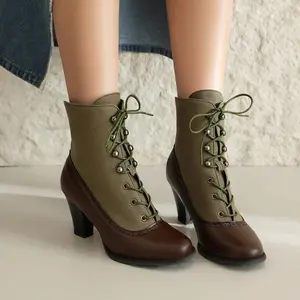 Women's Vintage British Style Ankle Boots Lace Up Closed Square Heel Heeled Leather Girl Walking Shoes Coffee Footwear with Rubber Soles Bota Pedal