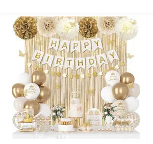 White and Gold Birthday Decorations for Women Girls, Gold White Sand Confetti Metallic Printed Balloon Butterfly Sticker Fringe Curtain Happy Birthday Banner Heart Garland Paper Pompom Party Supplies
