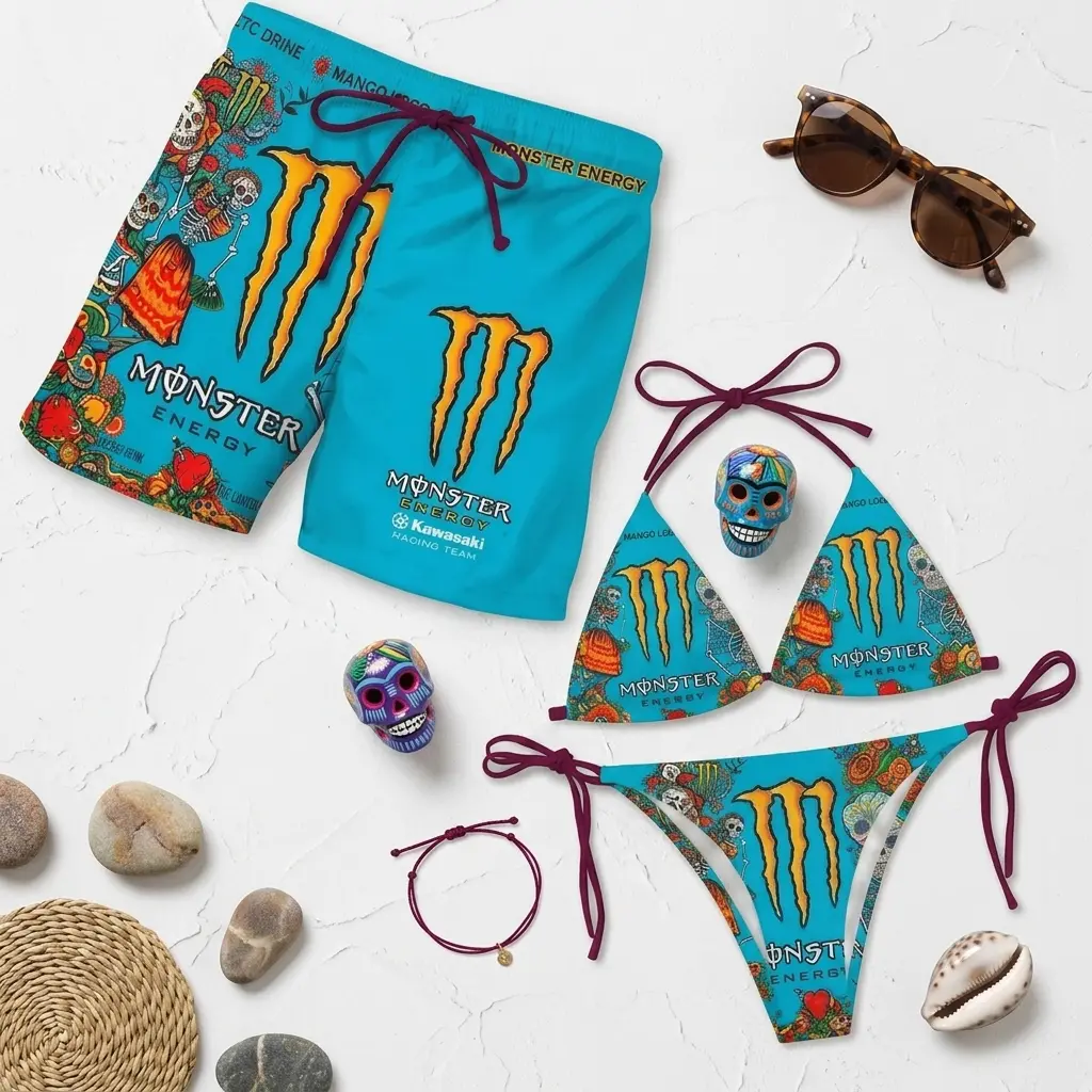 Matching Couple Hysteria Swimwear Set Monster Mango Loco Matching Couple Swimwear Set - Turquoise Sugar Skull Print Bikini & Men's Swim Shorts - Viral Beach Vacation Outfits