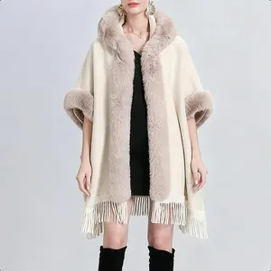 Faux Fur Trimmed Fringe Poncho - Elegant & Cozy for Fall/Winter with Soft Tassels and Warm Collar 818