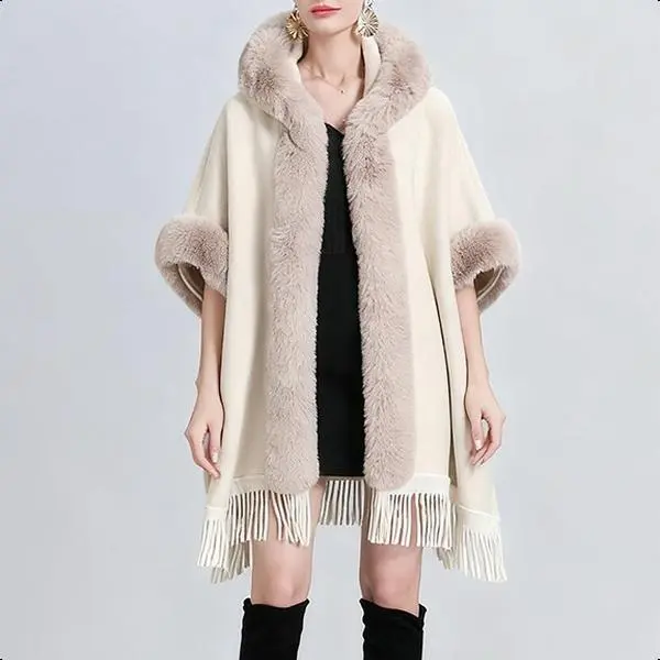 Faux Fur Trimmed Fringe Poncho - Elegant & Cozy for Fall/Winter with Soft Tassels and Warm Collar 818