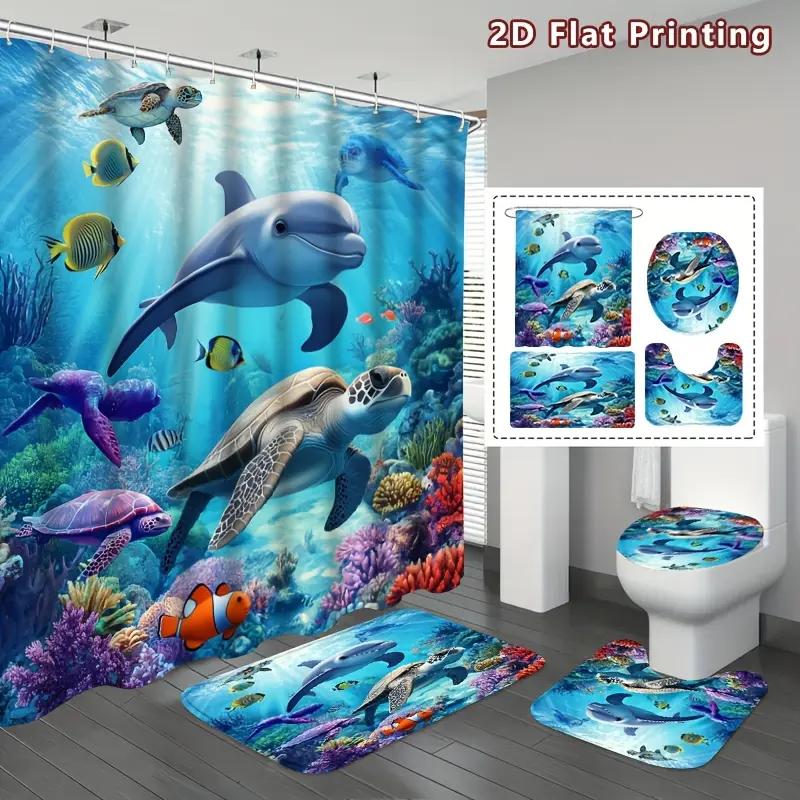 4PCS 2D Flat Underwater World Shower Curtain Set, Aquatic Life Bathroom Decor, Accessories with Bath Mat, U-shaped Mat, Toilet Lid Cover, 12 Hooks Ocean Theme, Home Decor