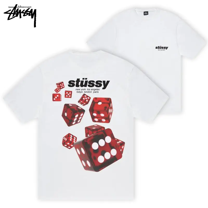Stussy Rollers Tee White 100% Cotton Graphic T-Shirt, Red Dice Back Print Short Sleeve Crew Neck Streetwear Tee, Casual Skate Style Everyday Top