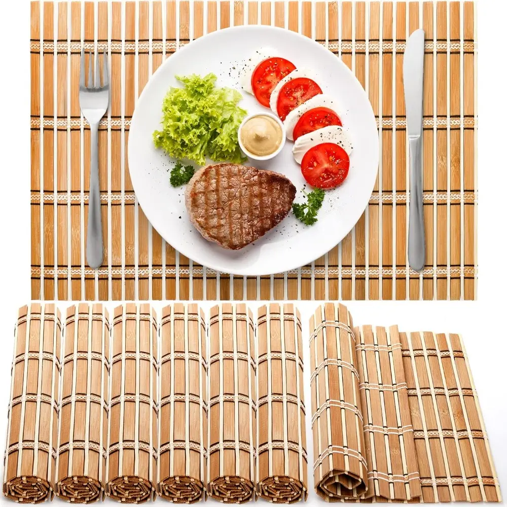 8-Pack Finely Polished Natural Bamboo Rectangle Placemats & Coasters Set, 11.8 inches x 17.7 inches Rectangular Kitchenware with Anti-Slip, Heat-Resistant Features for Dining Room Dinner Use