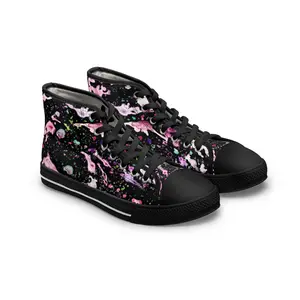 High-Top Sneakers — Pink & Black Paint Splatter Women's Canvas Shoes