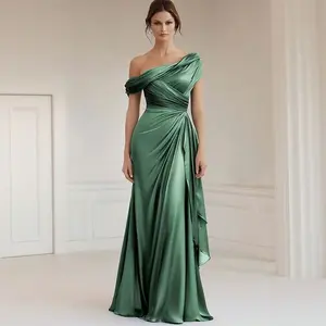 Mermaid Eucalyptus Dusty Rose One Shoulder Satin Ruched Mother Of Bride Dress with Ruffles